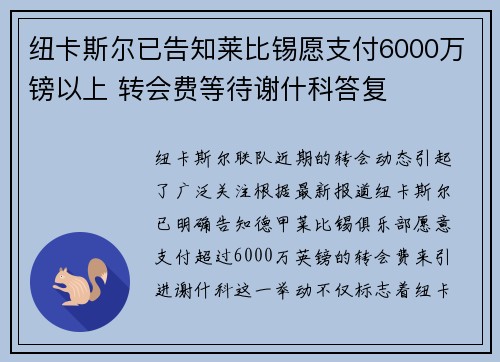 纽卡斯尔已告知莱比锡愿支付6000万镑以上 转会费等待谢什科答复